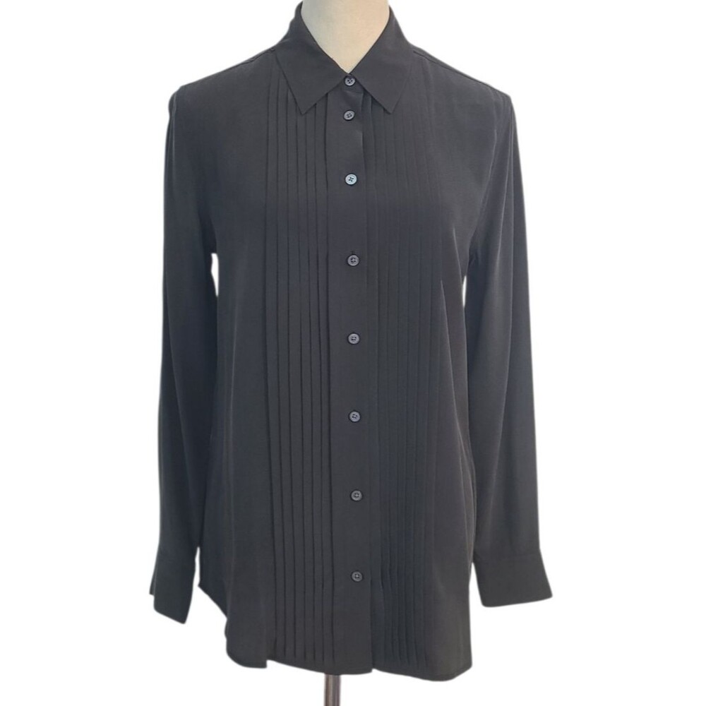 Equipment Femme XS 100% Silk Black Pintuck Button Down Blouse Top Soft Signature